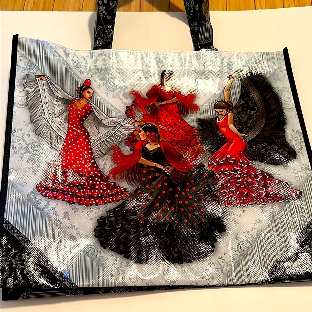 Red and black polka dot Spanish flamenco dancers tote 17x15x5” plactic new